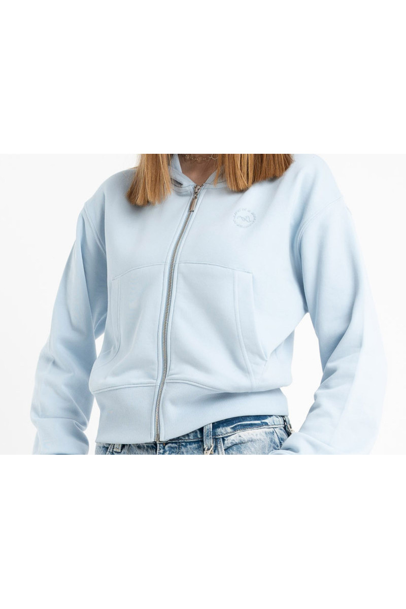 Niebieska bluza CROPPED z kapturem z minimalistycznym nadrukiem, niebieski