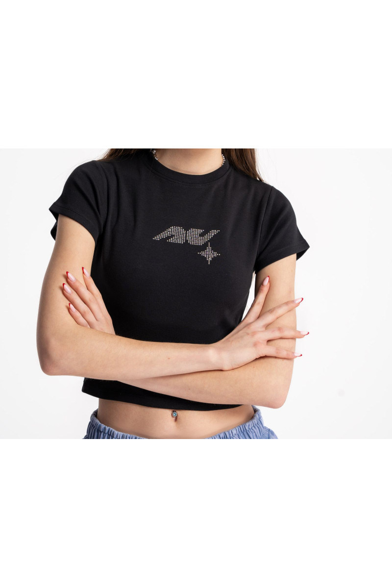 Czarny CROP TOP z ozdobną aplikacją, czarny