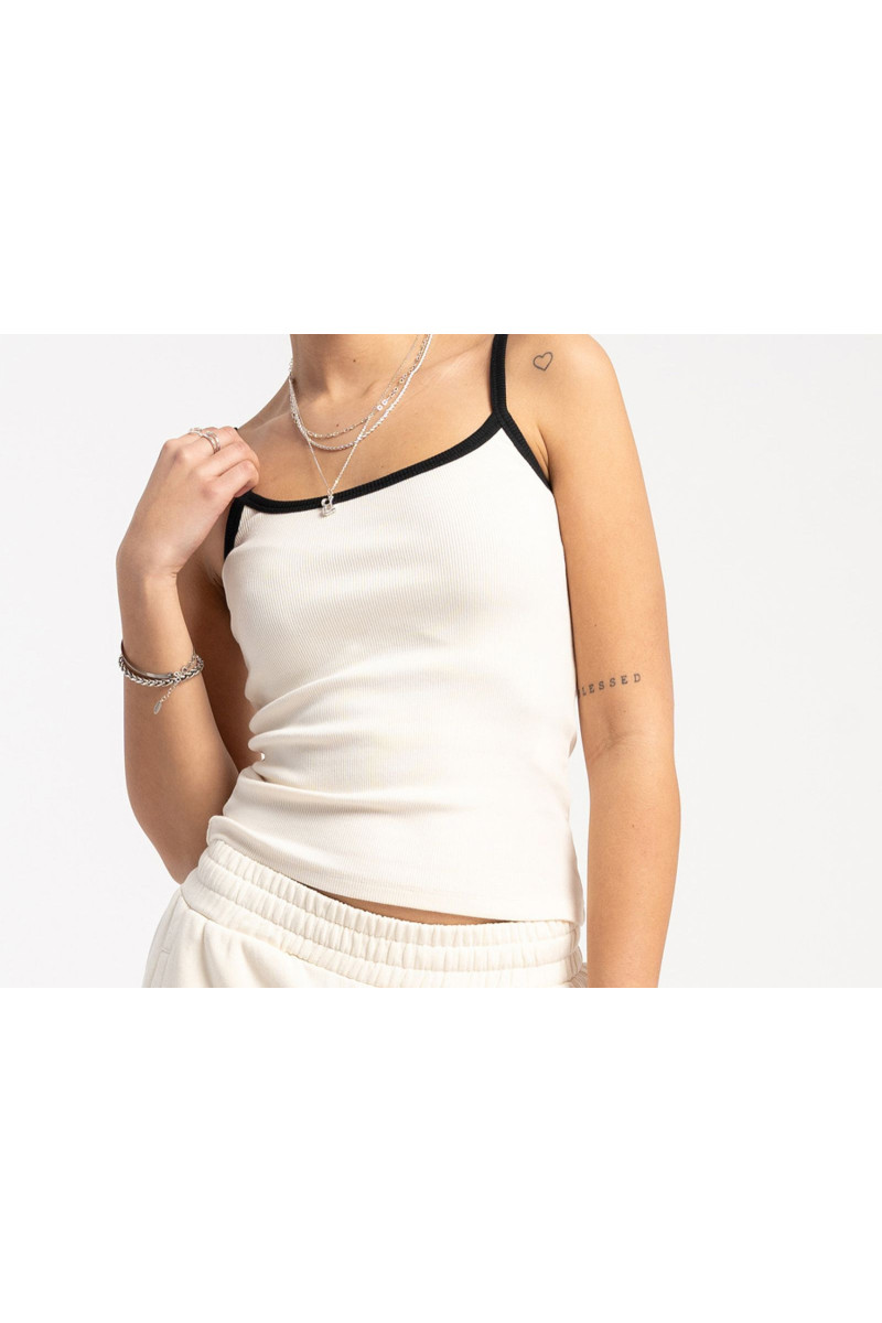 Kremowy top na ramiączkach z kontrastową lamówką, kremowy