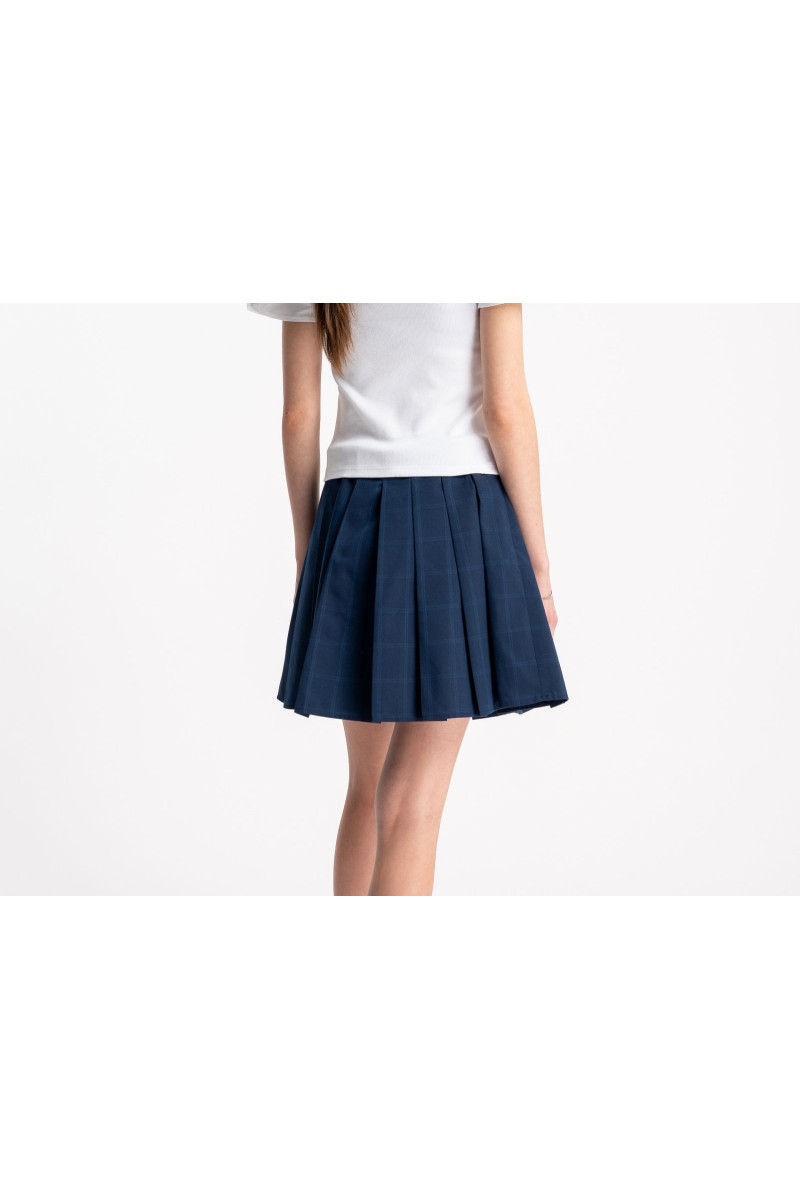 Granatowa spódnica mini z kontrafałdami w niebieską kratę, granatowy