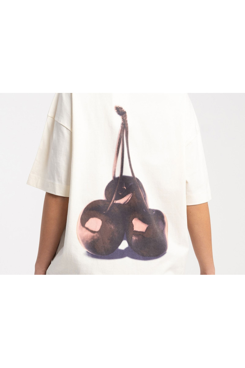 Kremowy t-shirt oversize z autorską grafiką z tyłu, kremowy