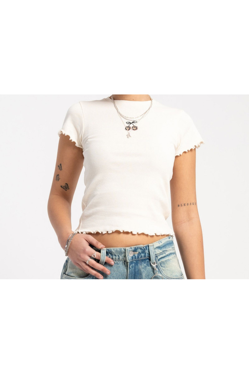 Kremowy CROP TOP z minimalistycznym haftem, kremowy