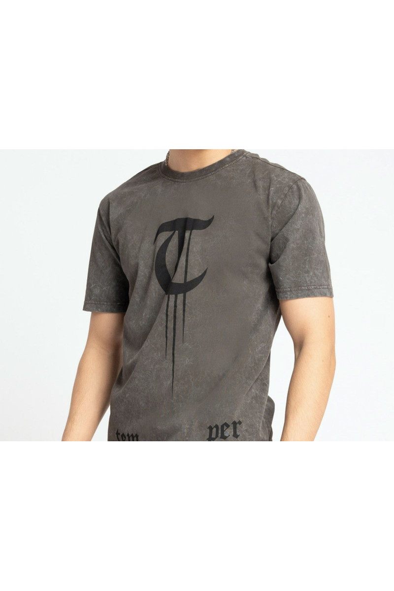 Brązowy t-shirt z efektem sprania z autorską grafiką z przodu, brązowy