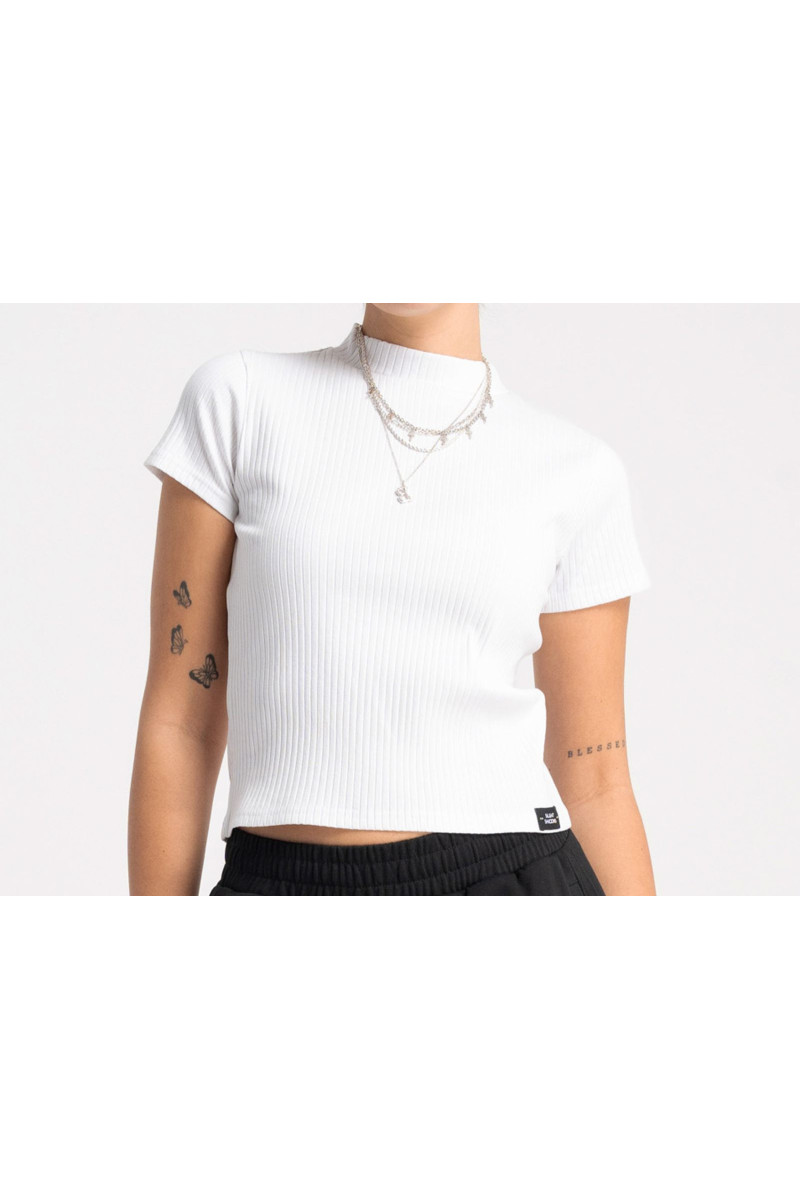 Biała bluzka z półgolfem z dzianiny prążkowanej, biały