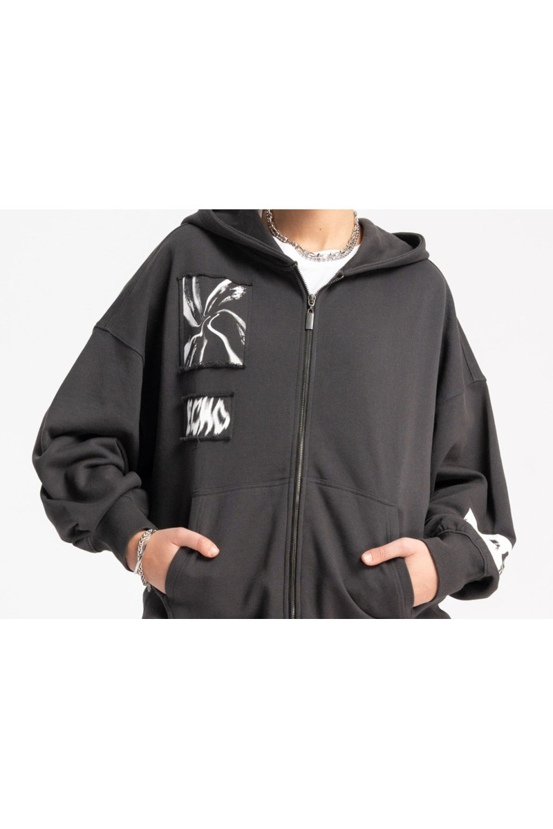 Ciemnoszara bluza OVERSIZE z kapturem z naszywkami z przodu, ciemny szary