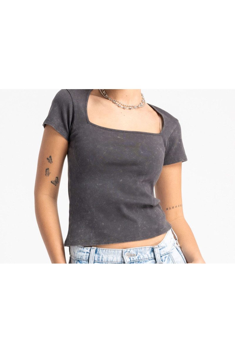 Szara bluzka z dzianiny prążkowej z efektem sprania, szary