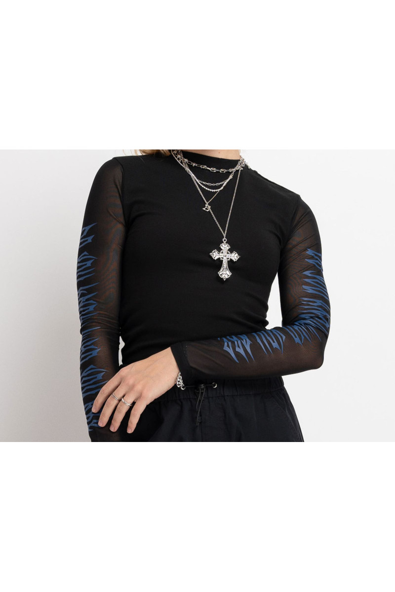 Czarny top LONG z rękawami z przeźroczystej siateczki, czarny