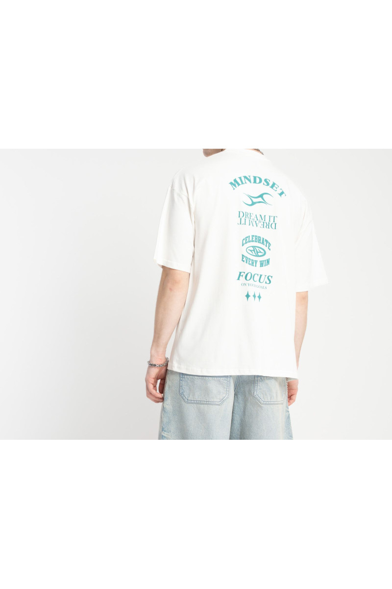 Kremowy t-shirt OVERSIZE w stylu collage z grafiką z tyłu, kremowy