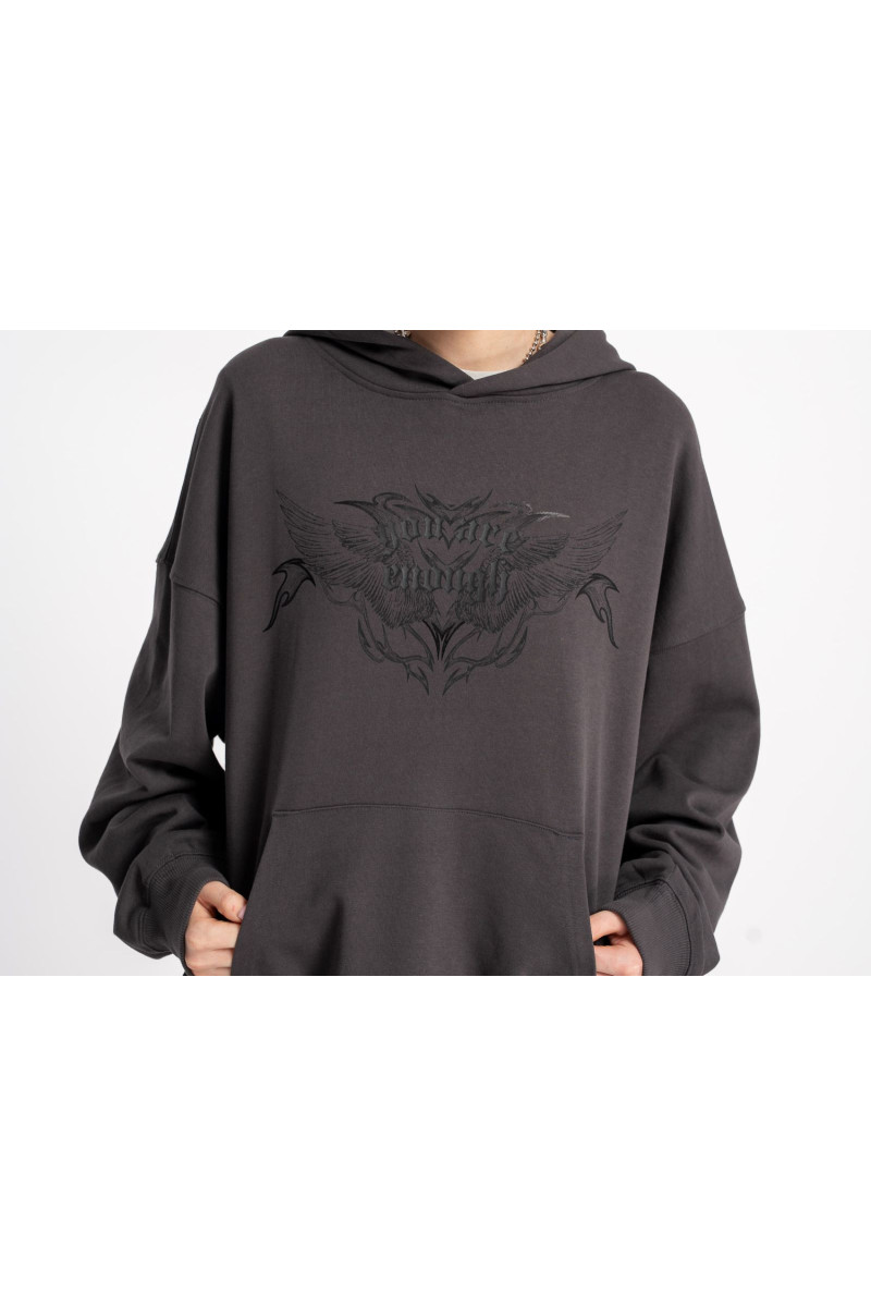 Ciemnoszara bluza z kapturem z autorska grafiką z przodu, ciemny szary
