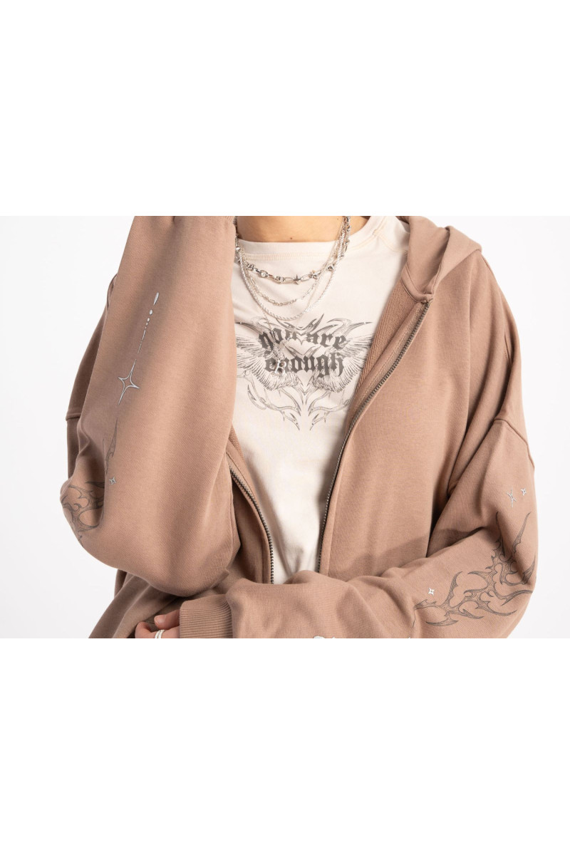 Brązowa bluza OVERSIZE z kapturem z autorską grafiką z tyłu, beżowy