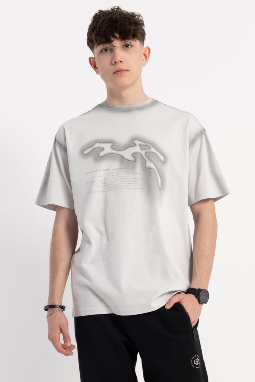 Jasnoszary t-shirt z autorską grafiką z przodu