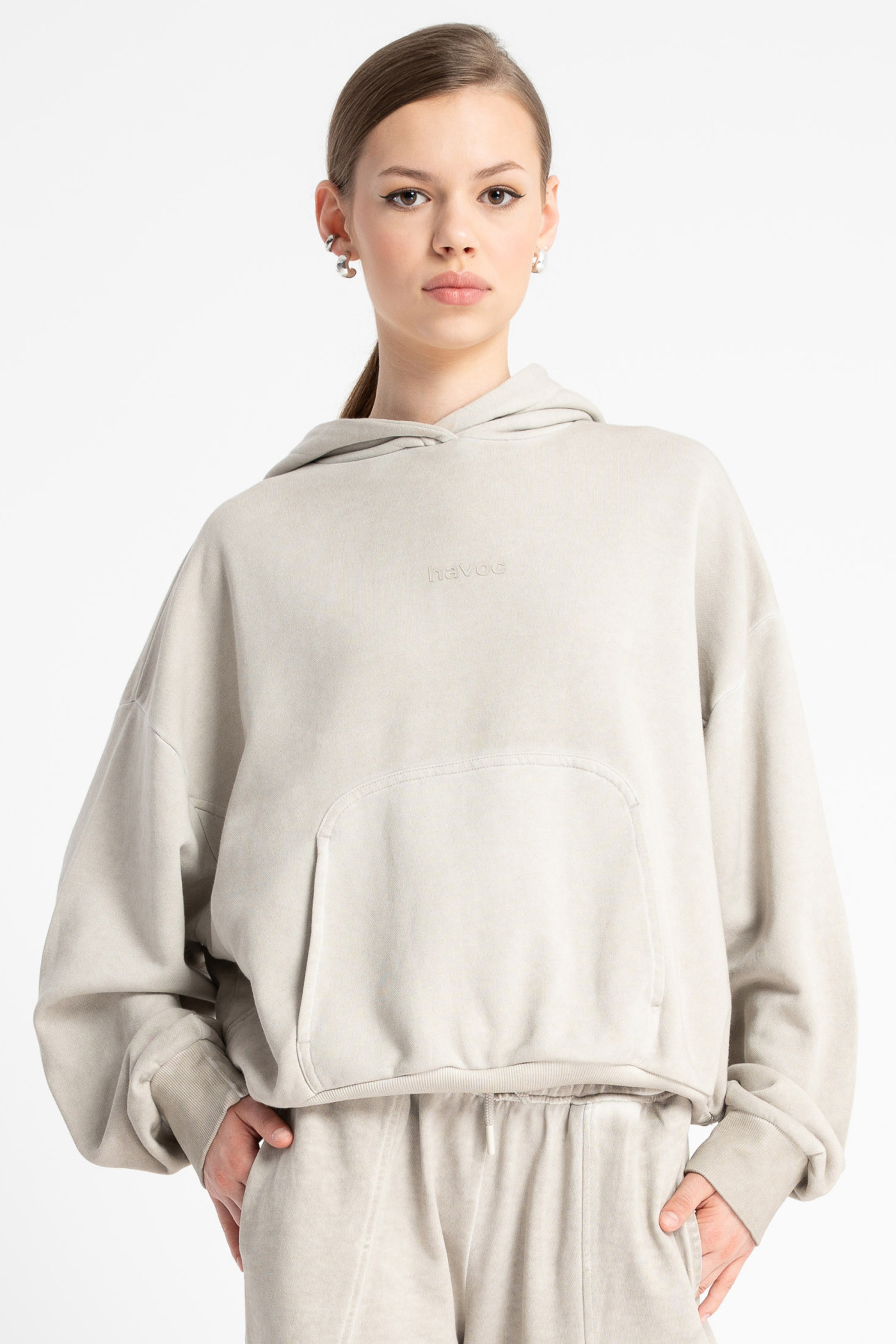 Beżowa bluza BOXY z efektem sprania z kapturem