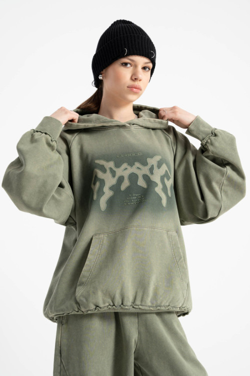 Khaki bluza z kapturem z autorską grafiką z przodu