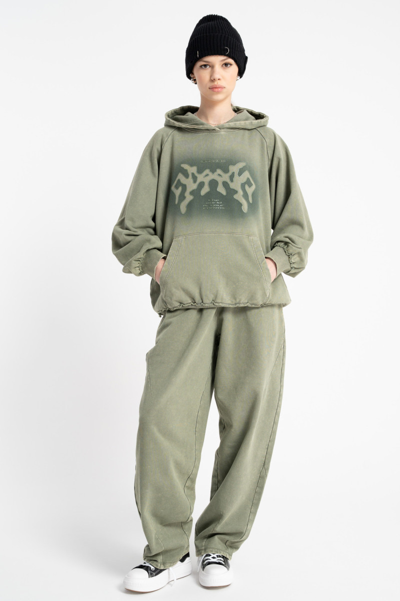 Khaki bluza z kapturem z autorską grafiką z przodu, khaki