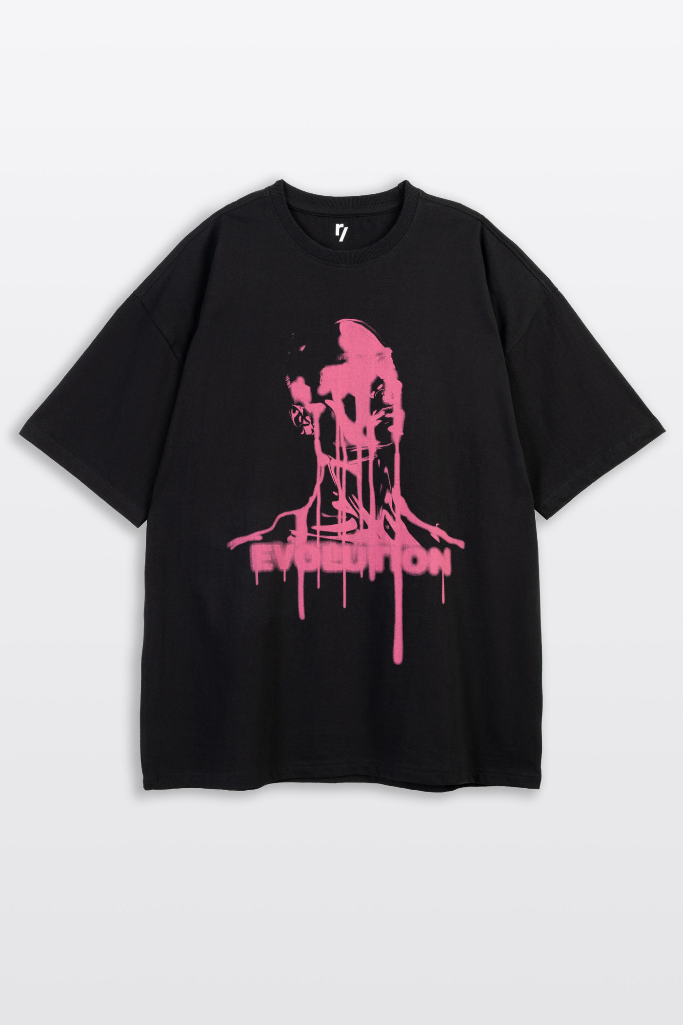Czarny t-shirt z autorską grafiką w kontrastowym kolorze z przodu