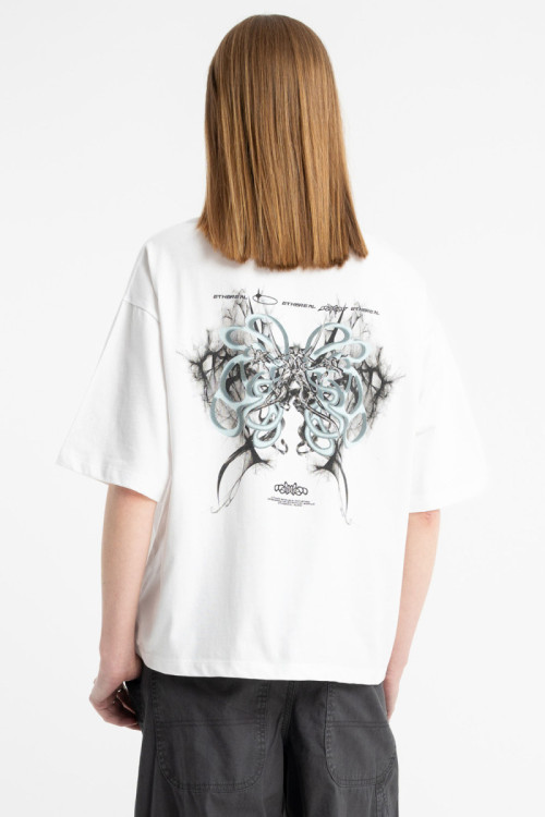 Biały t-shirt z autorską grafiką z tyłu