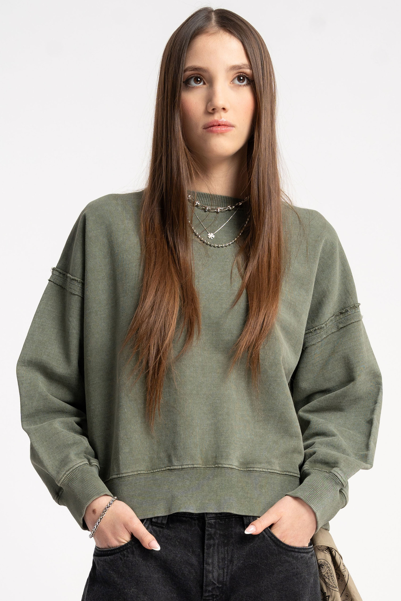 Khaki bluza BOXY bez kaptura z efektem sprania