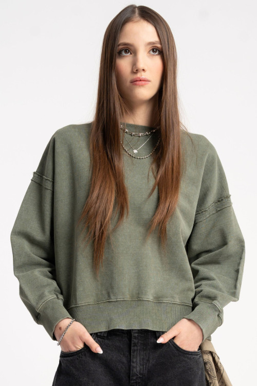 Khaki bluza BOXY bez kaptura z efektem sprania