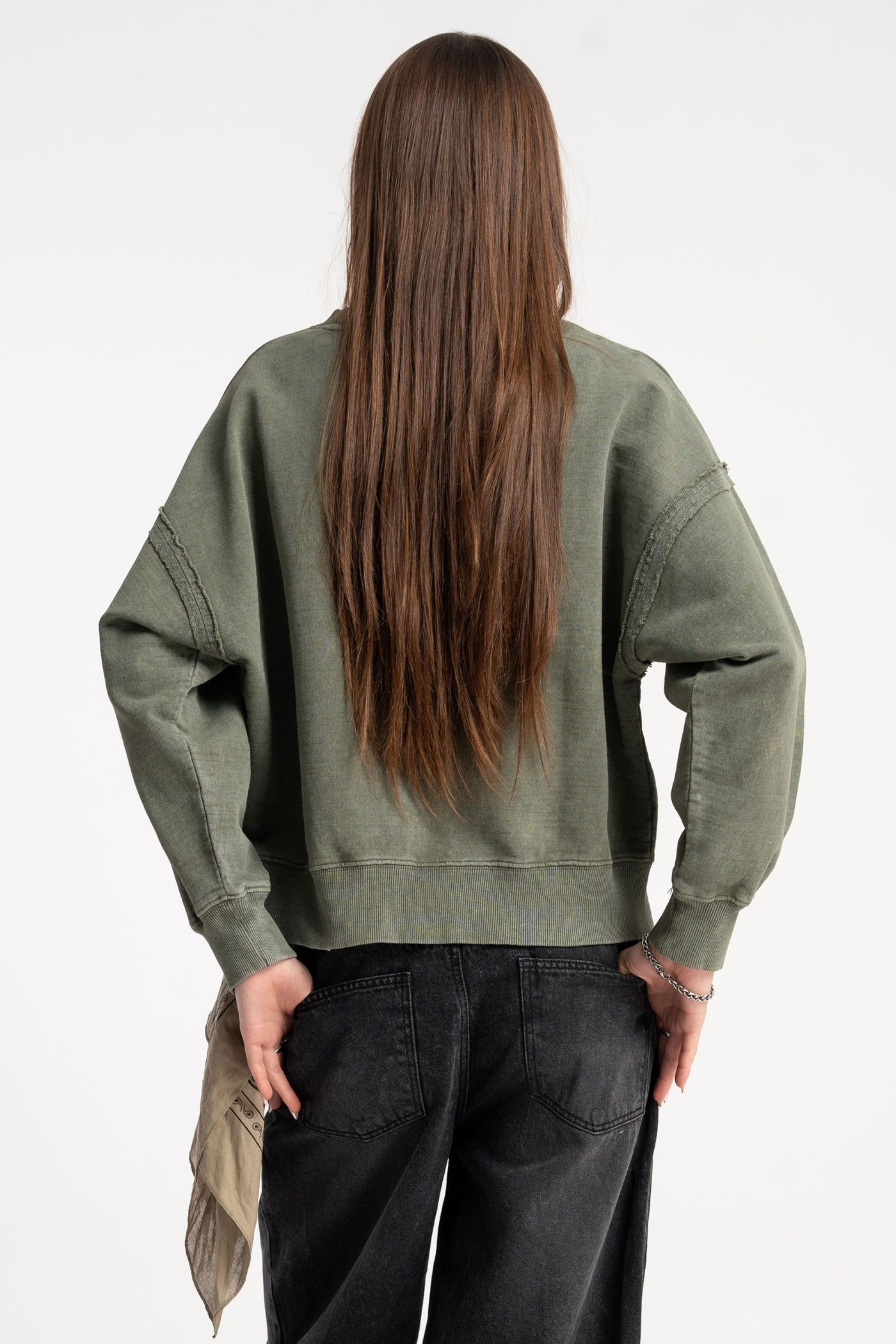 Khaki bluza BOXY bez kaptura z efektem sprania