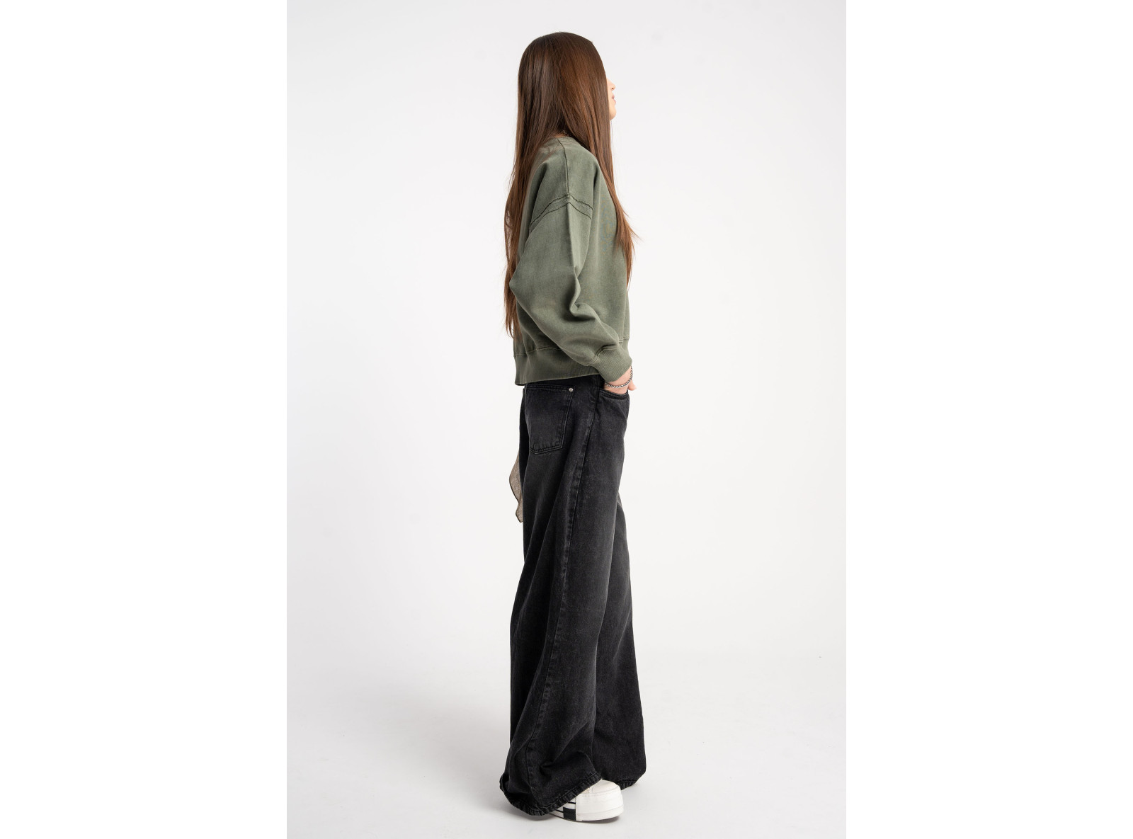 Khaki bluza BOXY bez kaptura z efektem sprania