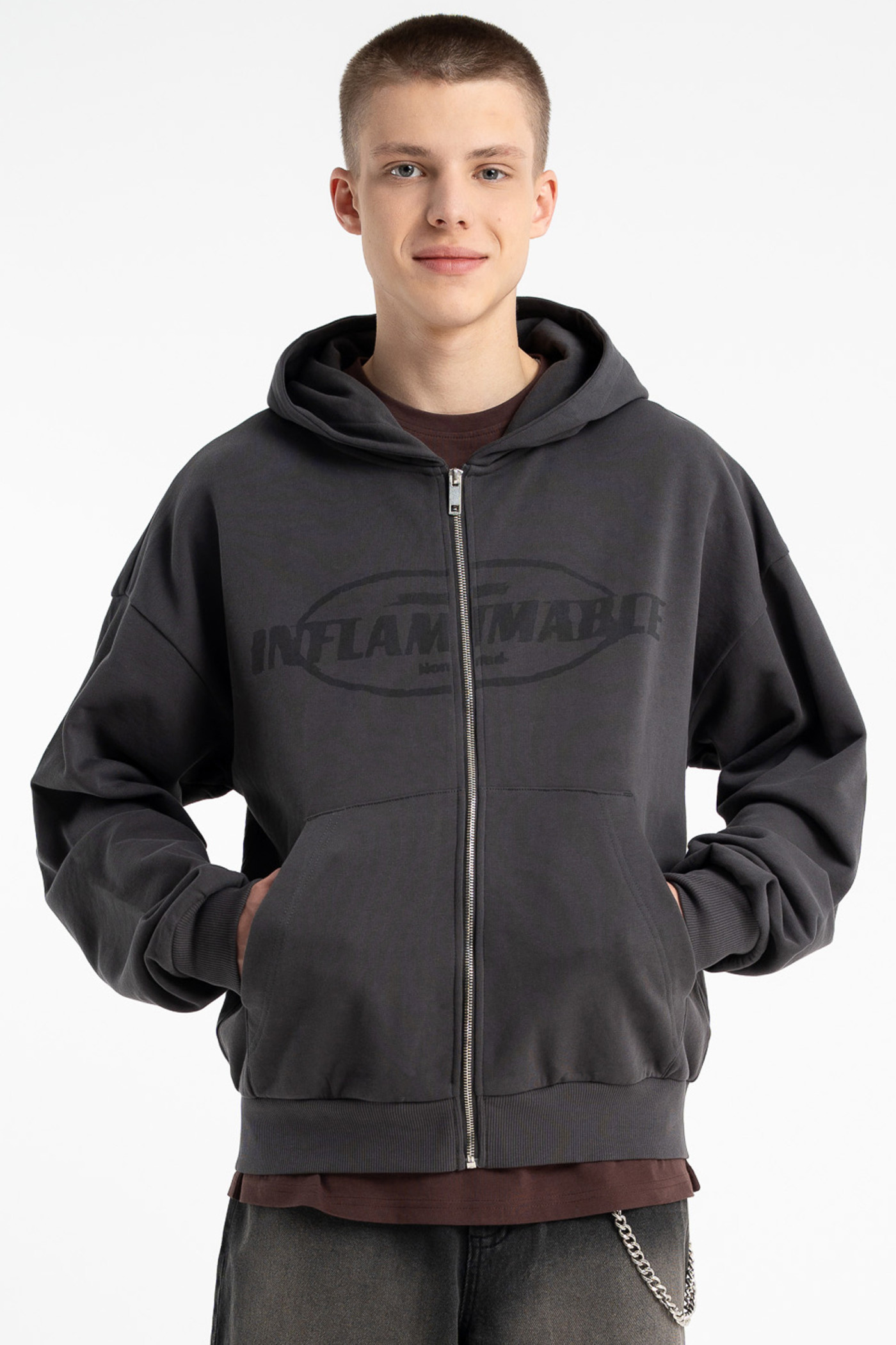 Ciemnoszara bluza BOXY z kapturem zapinana na zamek