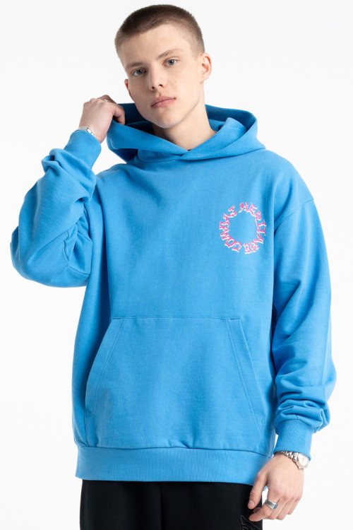 Niebieska bluza OVERSIZE z kapturem z aplikacją z tyłu