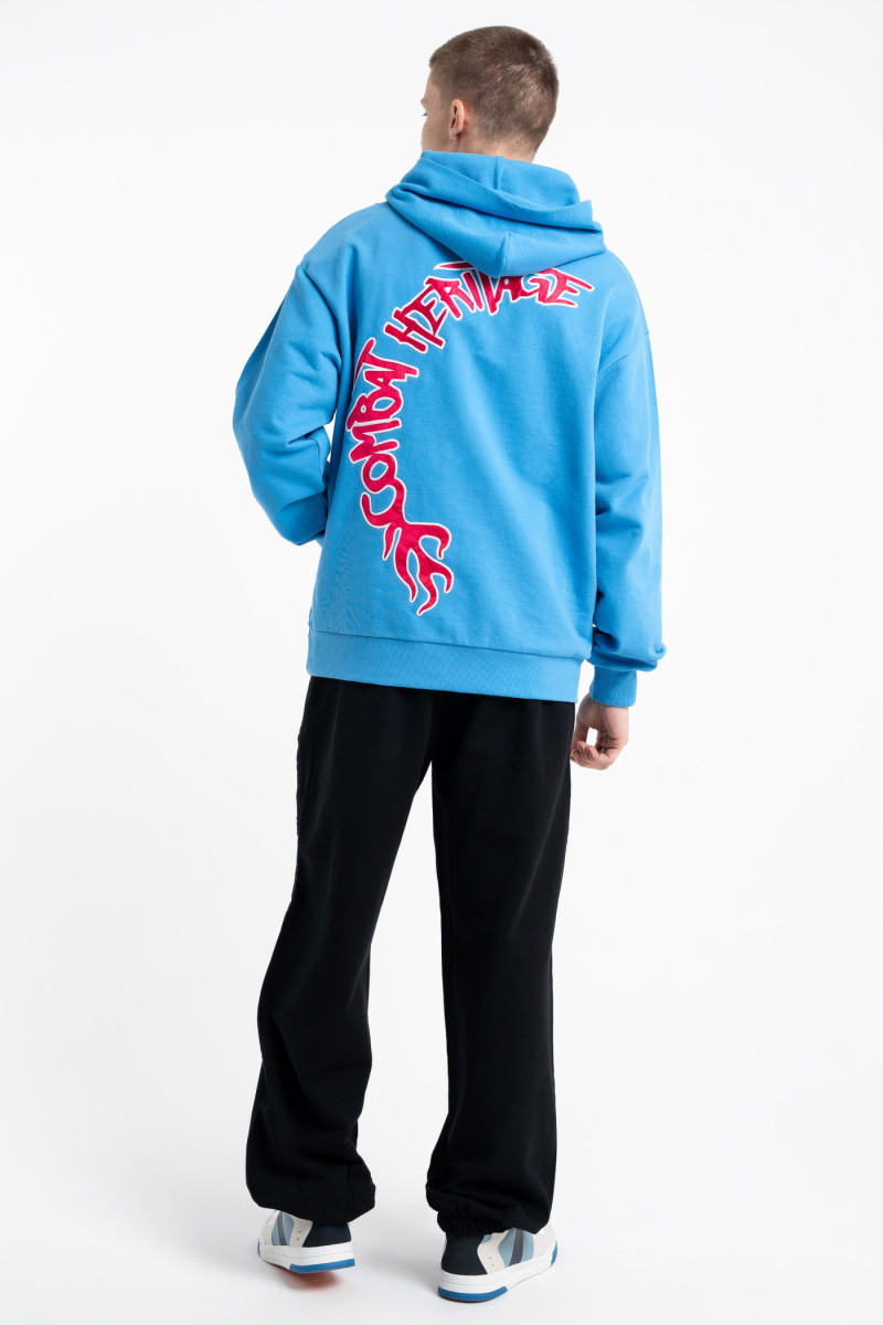 Niebieska bluza OVERSIZE z kapturem z aplikacją z tyłu
