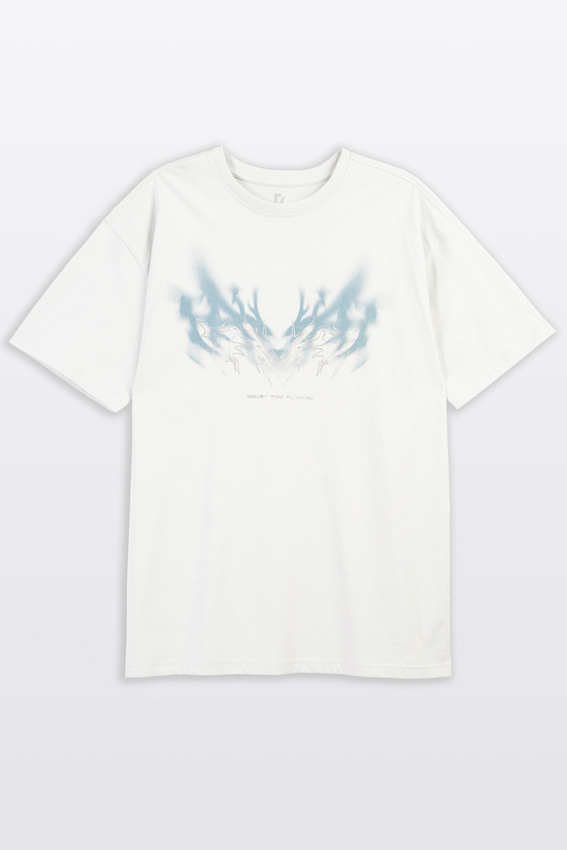 Biały t-shirt LOOSE z autorską grafiką z przodu