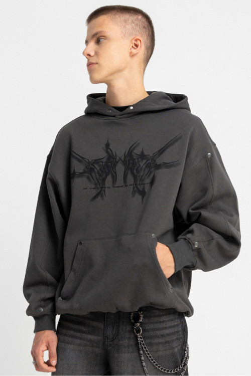 Ciemnoszara bluza OVERSIZE z kapturem z autorska grafiką z przodu