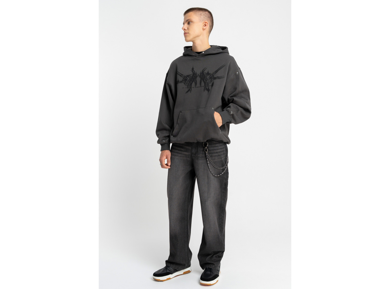 Ciemnoszara bluza OVERSIZE z kapturem z autorska grafiką z przodu