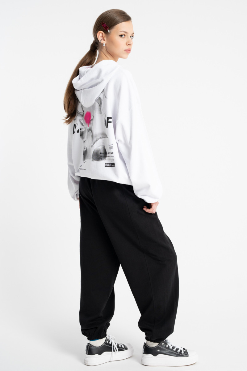 Biała bluza BOXY z kapturem z autorską grafiką z tyłu, biały