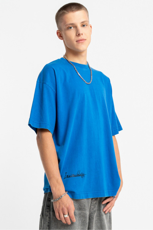 Niebieski t-shirt OVERSIZE z efektem sprania