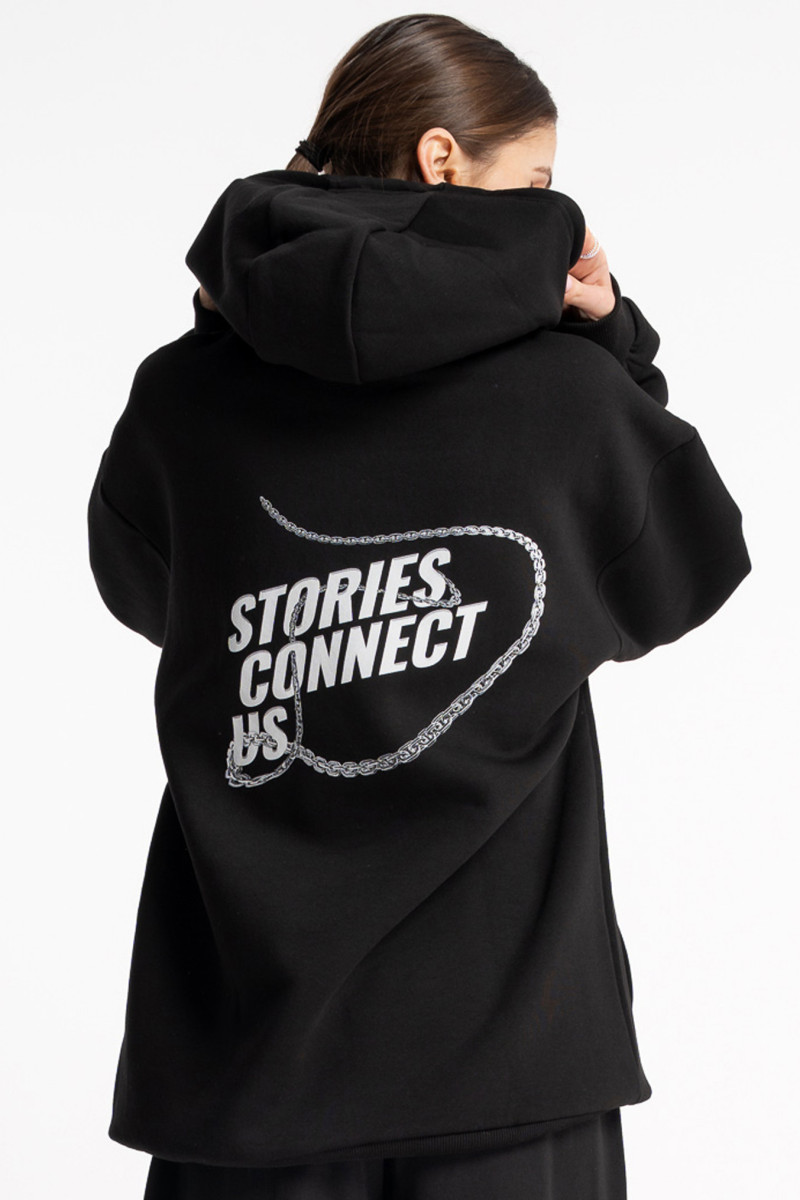 Czarna bluza UNISEX REGULAR z kapturem STORIES CONNECT US