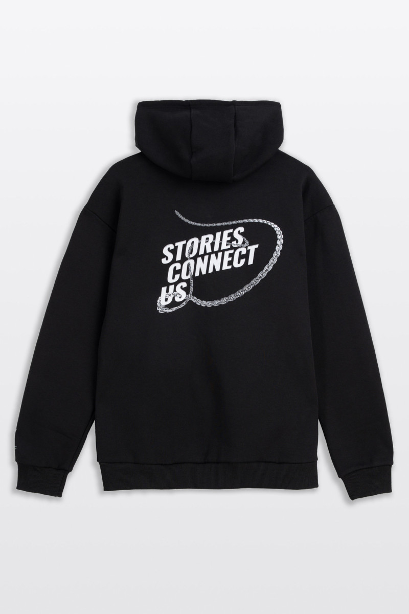 Czarna bluza UNISEX REGULAR z kapturem STORIES CONNECT US
