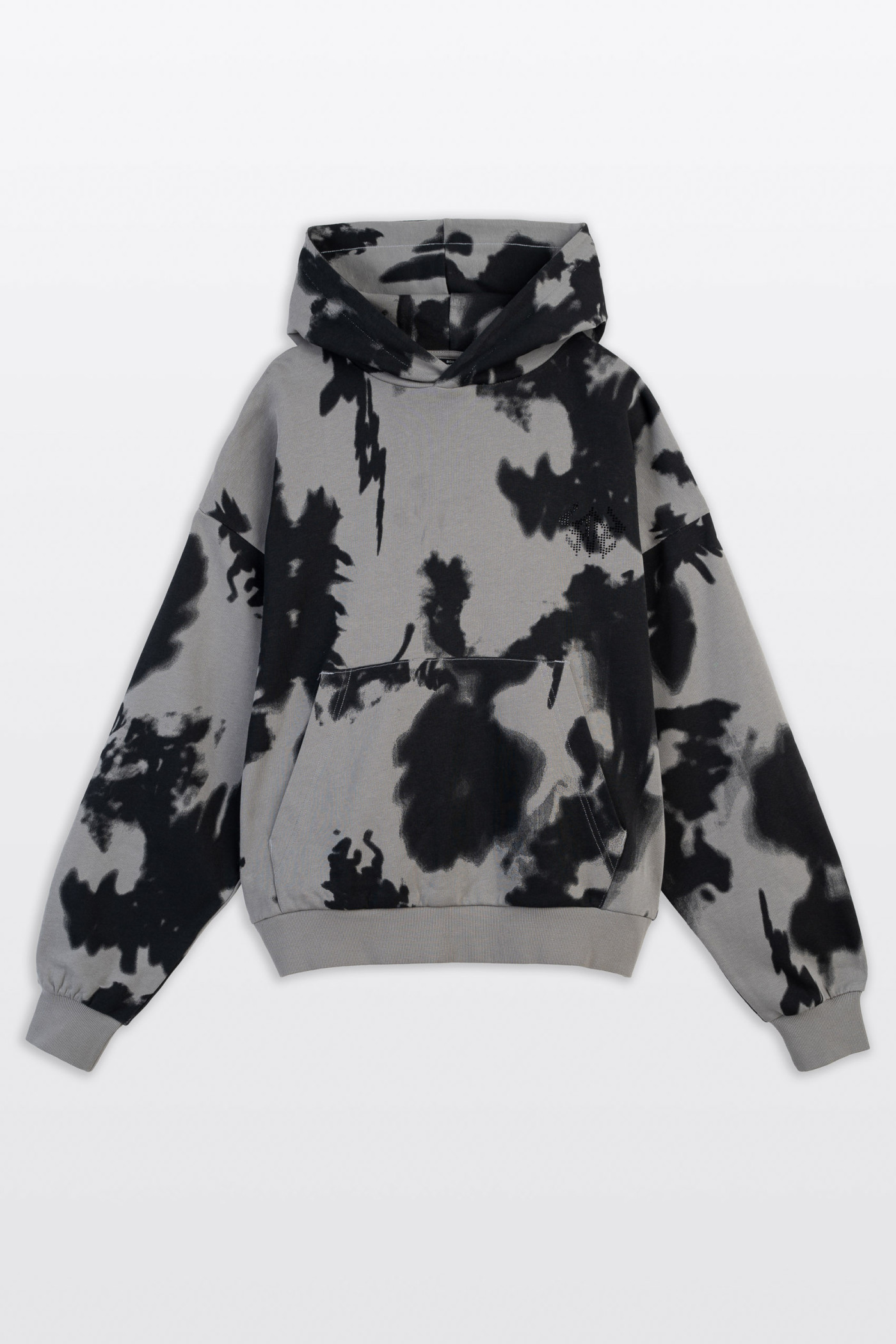 Szara bluza BOXY z kapturem z nadrukiem na całości