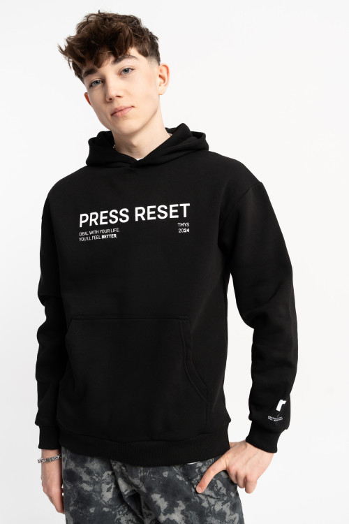 Czarna bluza UNISEX z kapturem PRESS RESET Czarna bluza UNISEX z kapturem PRESS RESET