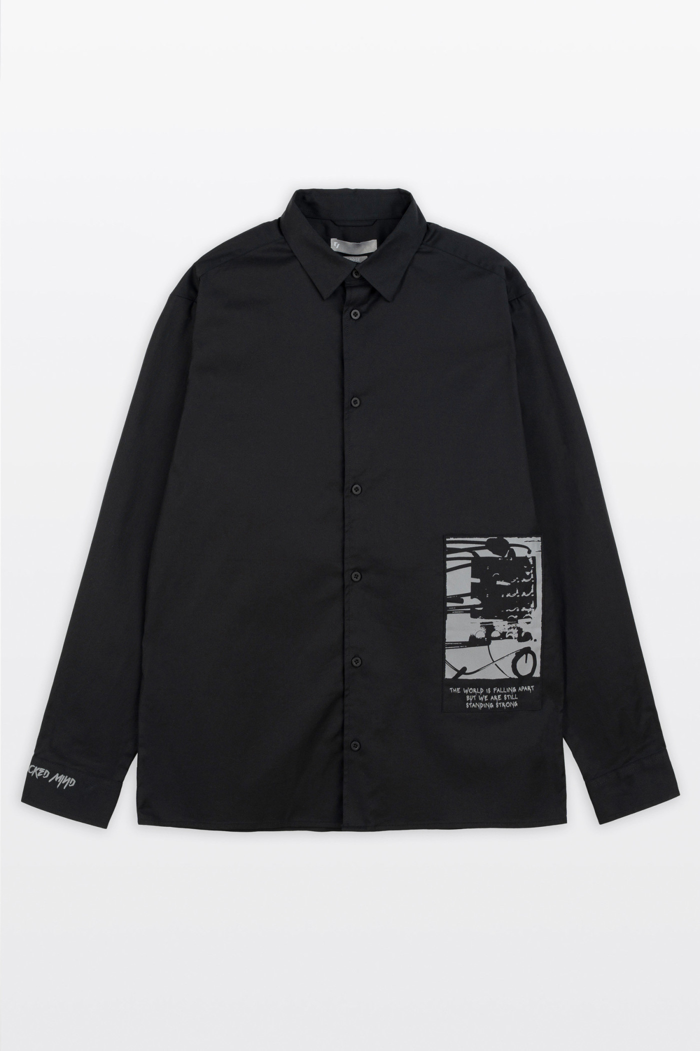 Czarna koszula LOOSE z autorską grafiką z przodu z długim rękawem