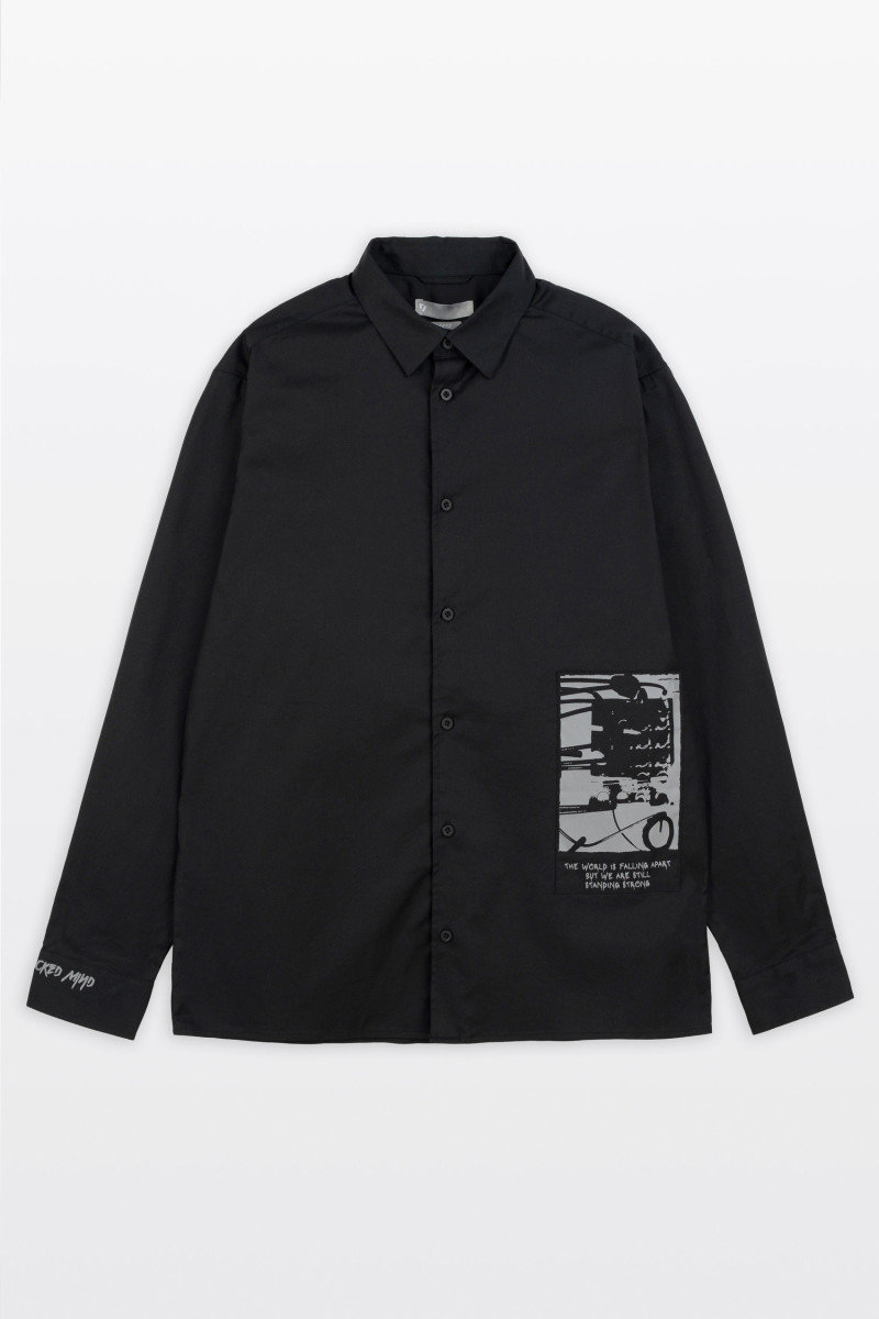 Czarna koszula LOOSE z autorską grafiką z przodu z długim rękawem