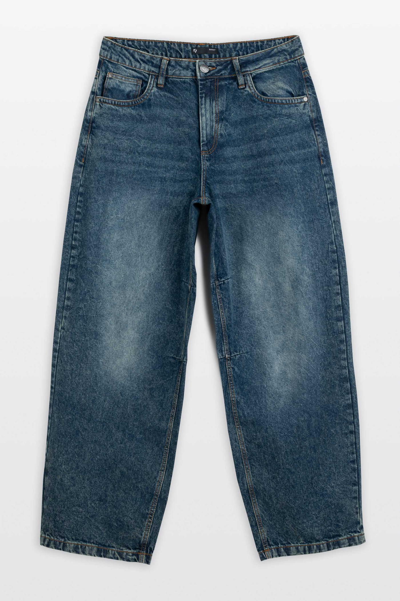 Granatowe spodnie jeansowe o kroju BAGGY z haftem na kieszeni