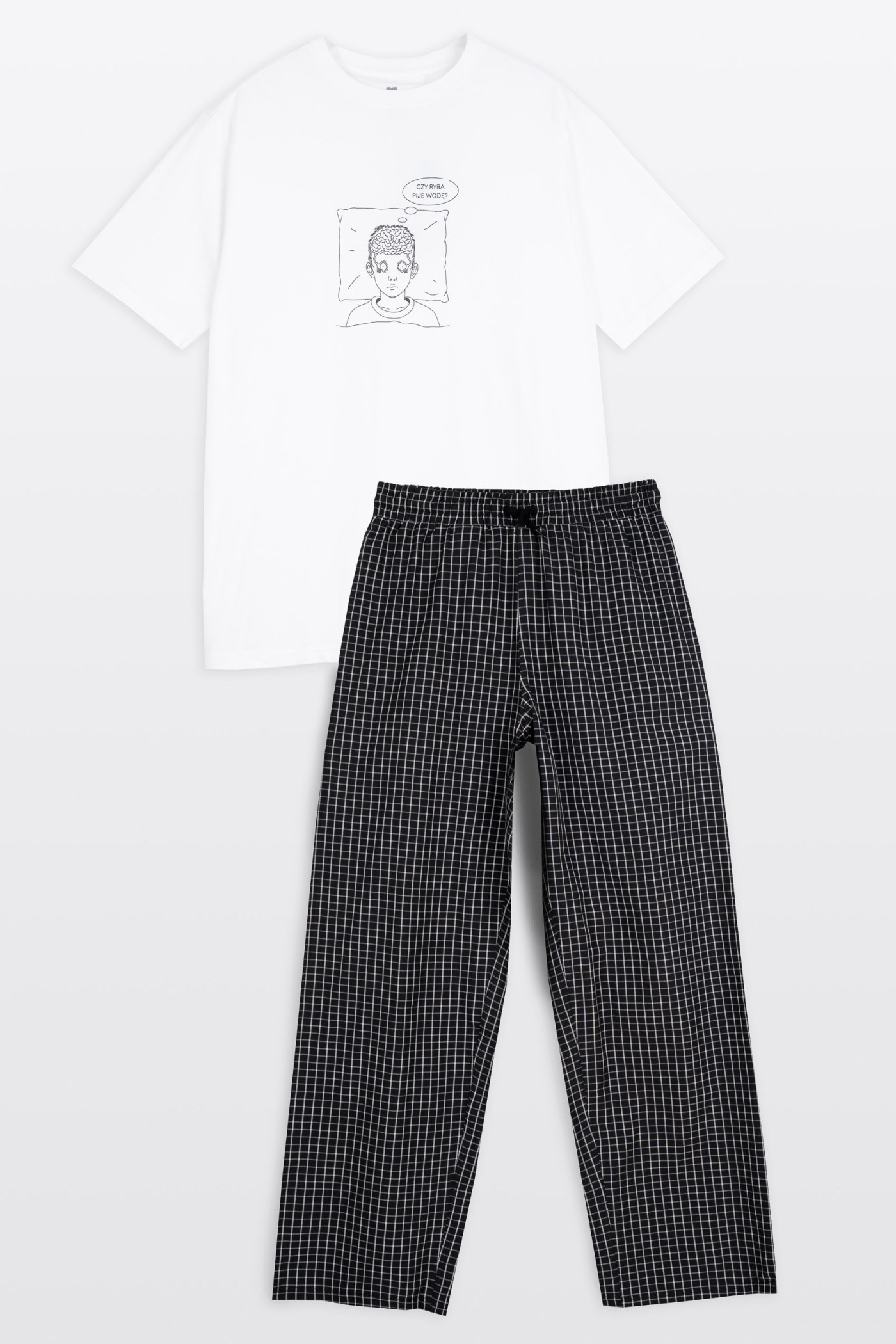 Biało-czarna piżama z autorską grafiką z przodu