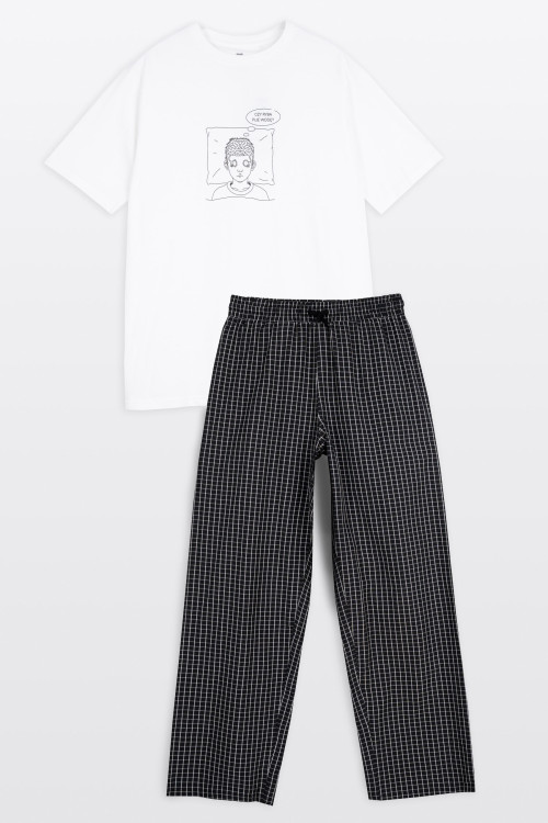 Biało-czarna piżama z autorską grafiką z przodu