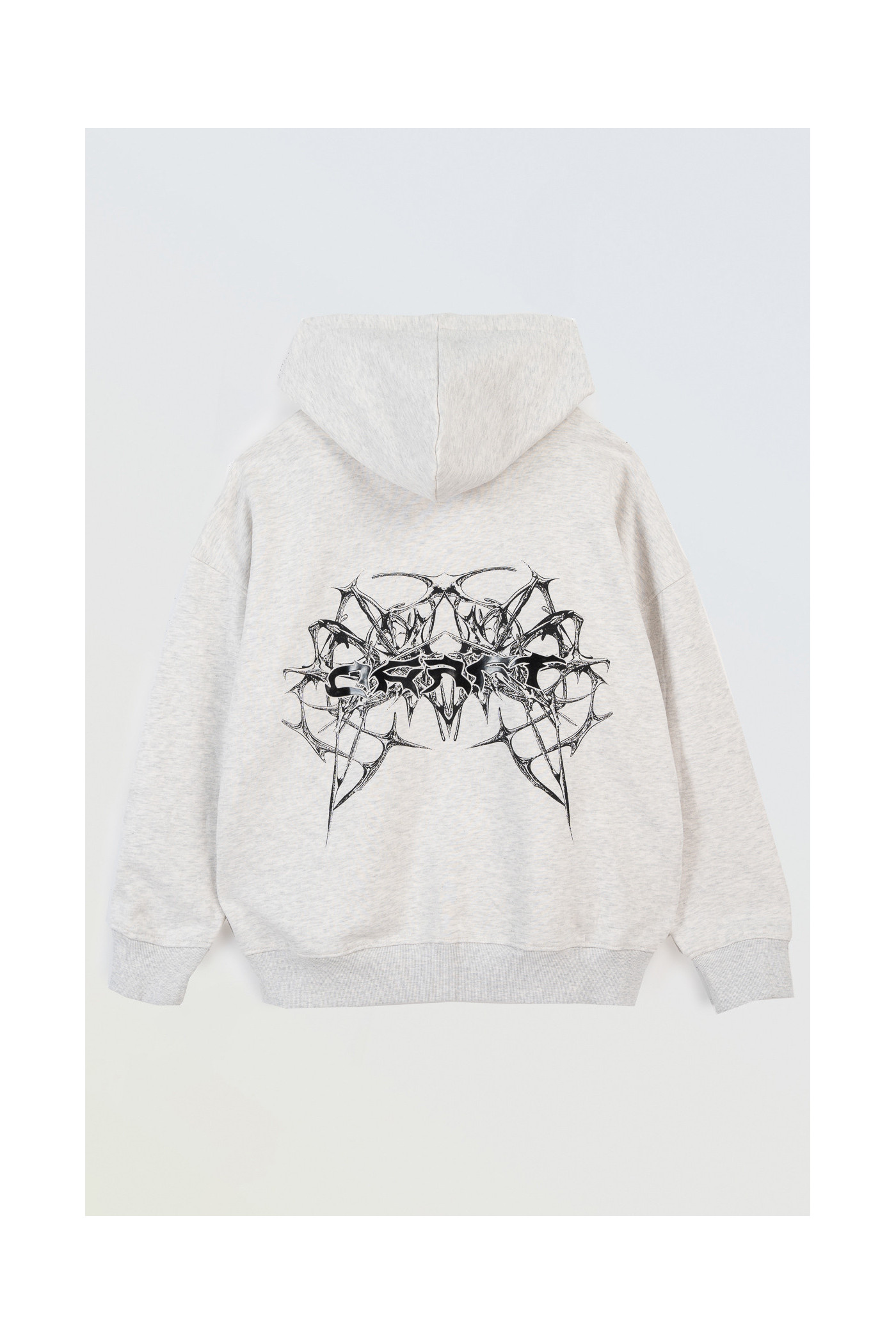 Szara bluza z kapturem z autorską grafiką z tyłu