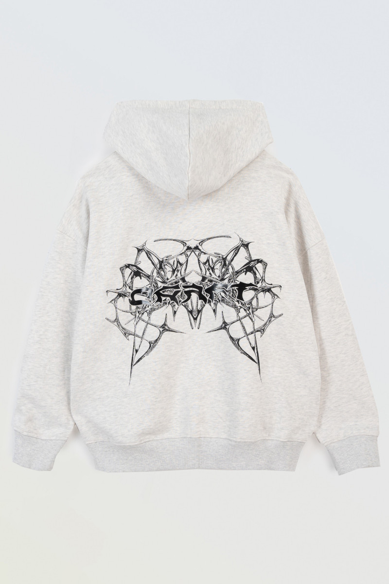 Szara bluza z kapturem z autorską grafiką z tyłu
