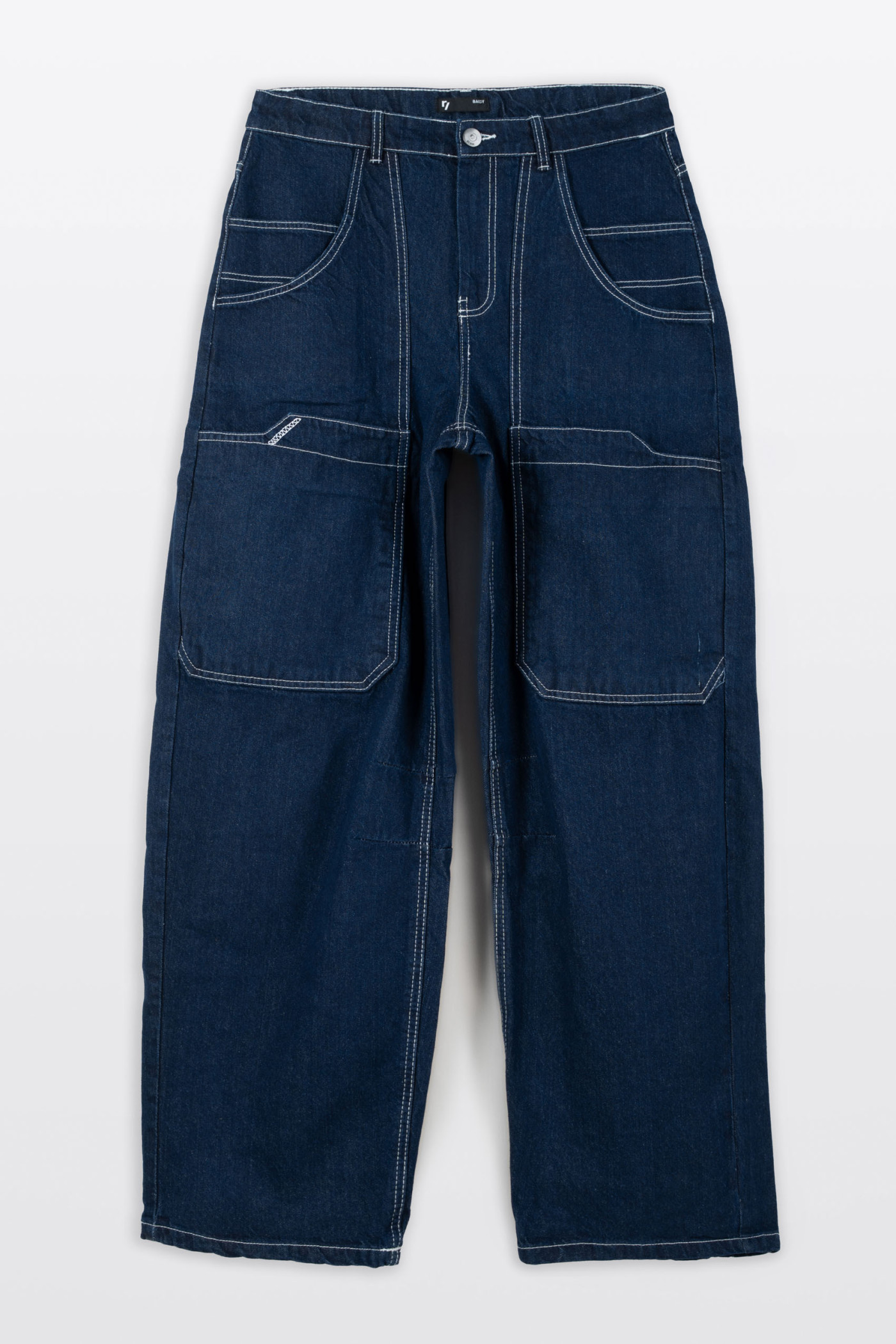 Granatowe spodnie jeansowe o kroju BAGGY z kontrastowymi przeszyciami