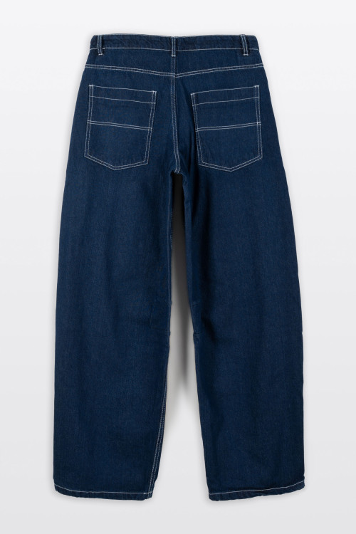 Granatowe spodnie jeansowe o kroju BAGGY z kontrastowymi przeszyciami Granatowe spodnie jeansowe o kroju BAGGY z kontrastowymi przeszyciami