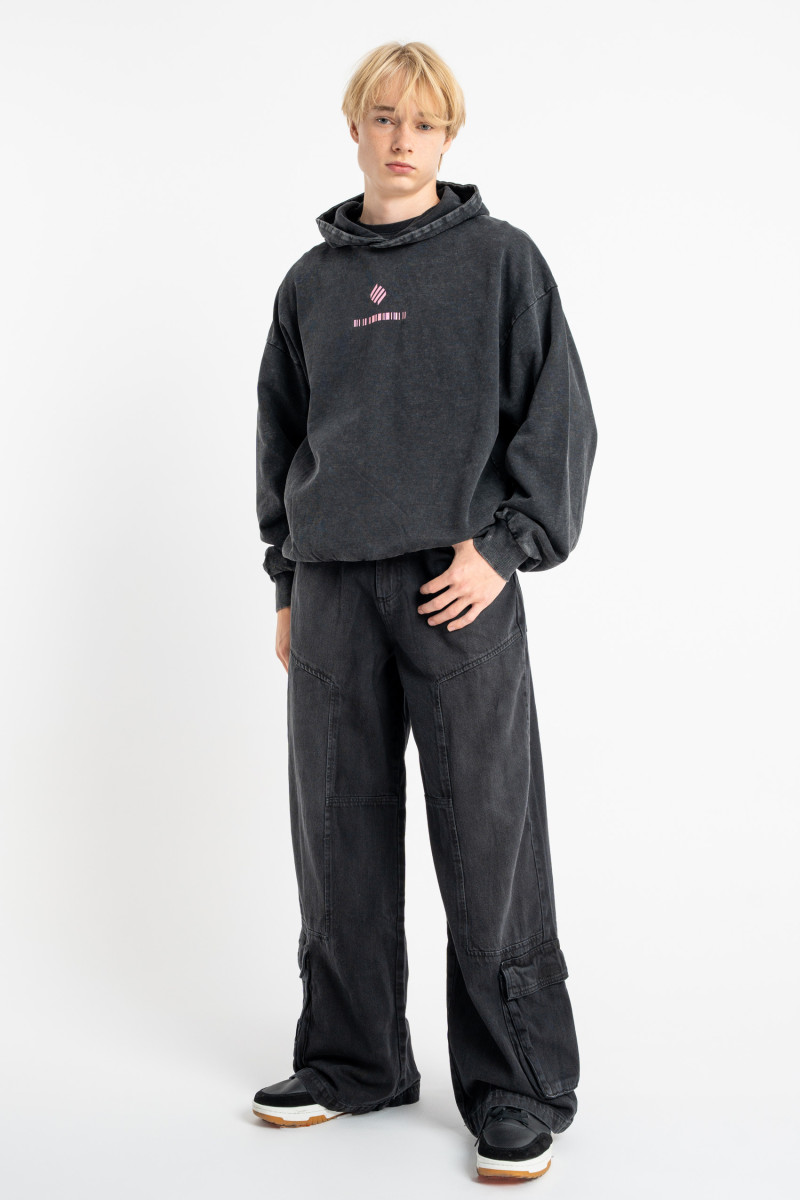 Czarna bluza BOXY z kapturem z efektem sprania, czarny