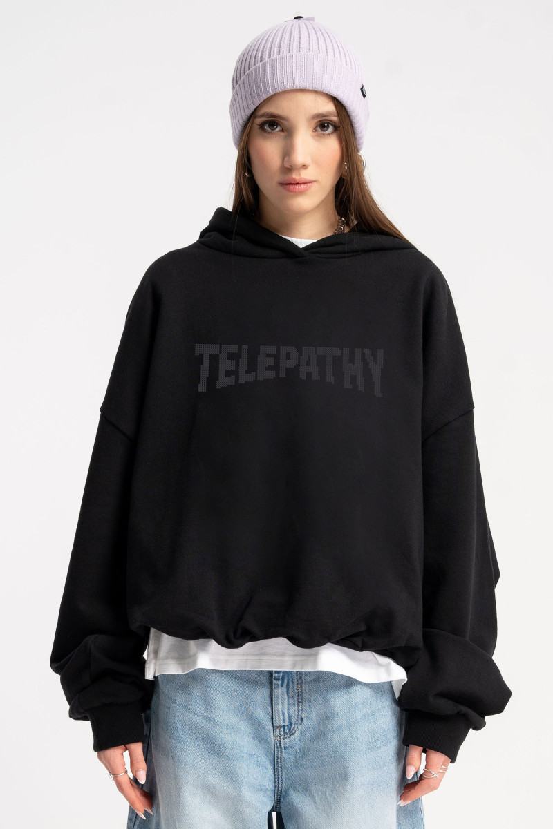 Czarna bluza z kapturem BOXY z nadrukiem z przodu, czarny