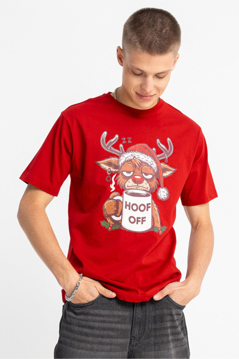 Czerwony t-shirt REGULAR z autorską świąteczną grafiką z przodu