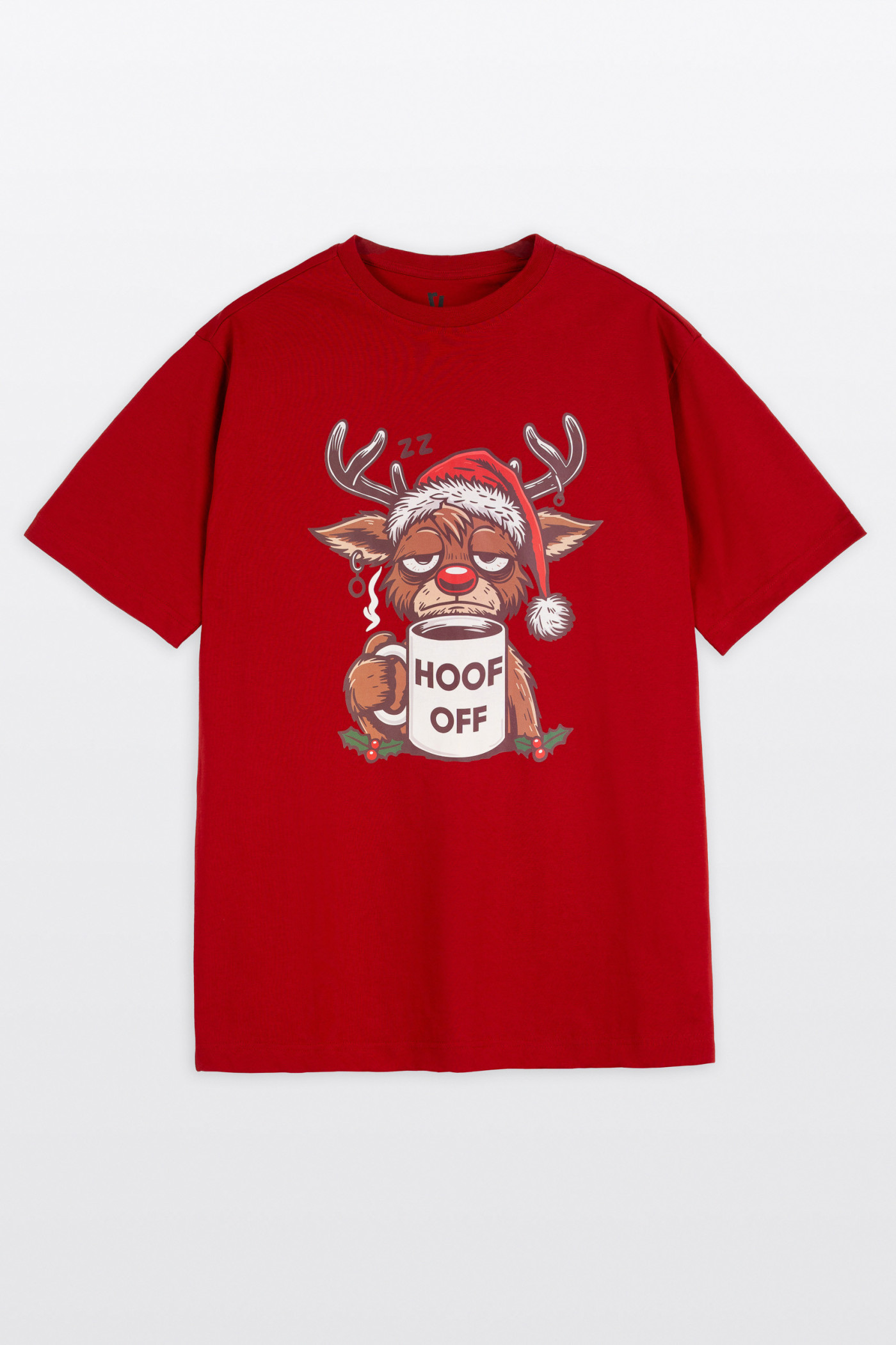 Czerwony t-shirt REGULAR z autorską świąteczną grafiką z przodu