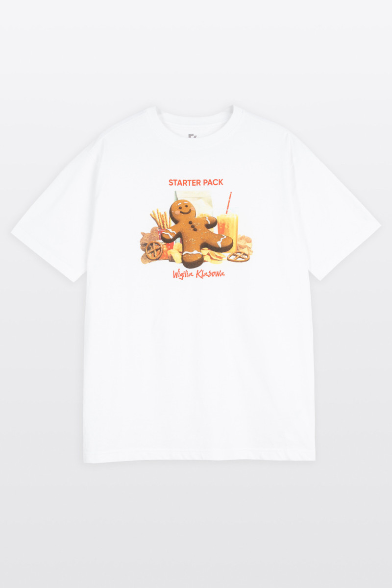 Biały t-shirt REGULAR z autorską świąteczną grafiką z przodu